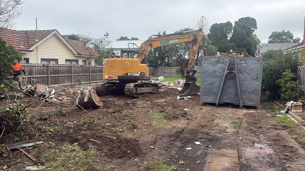 Demolition Masters bin delivered and positioned on a cleared Melbourne site ready for loading