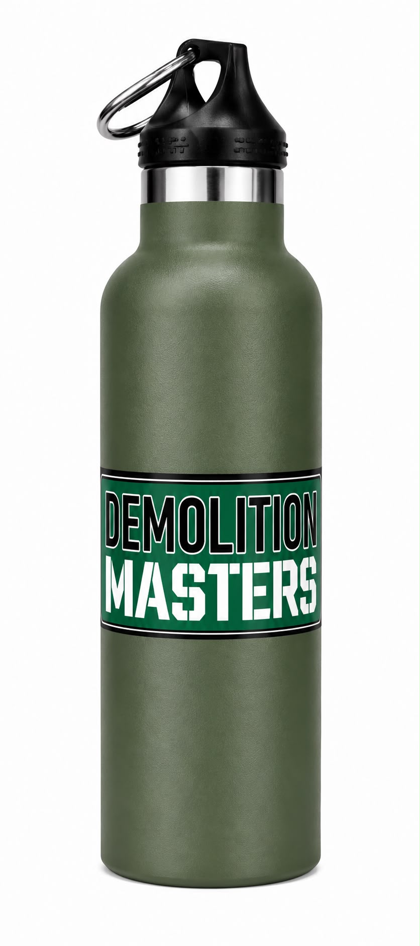 Olive green Demolition Masters insulated drink bottle with carabiner lid