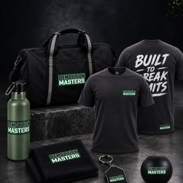 The complete Demolition Masters merch bundle laid out on a dark set