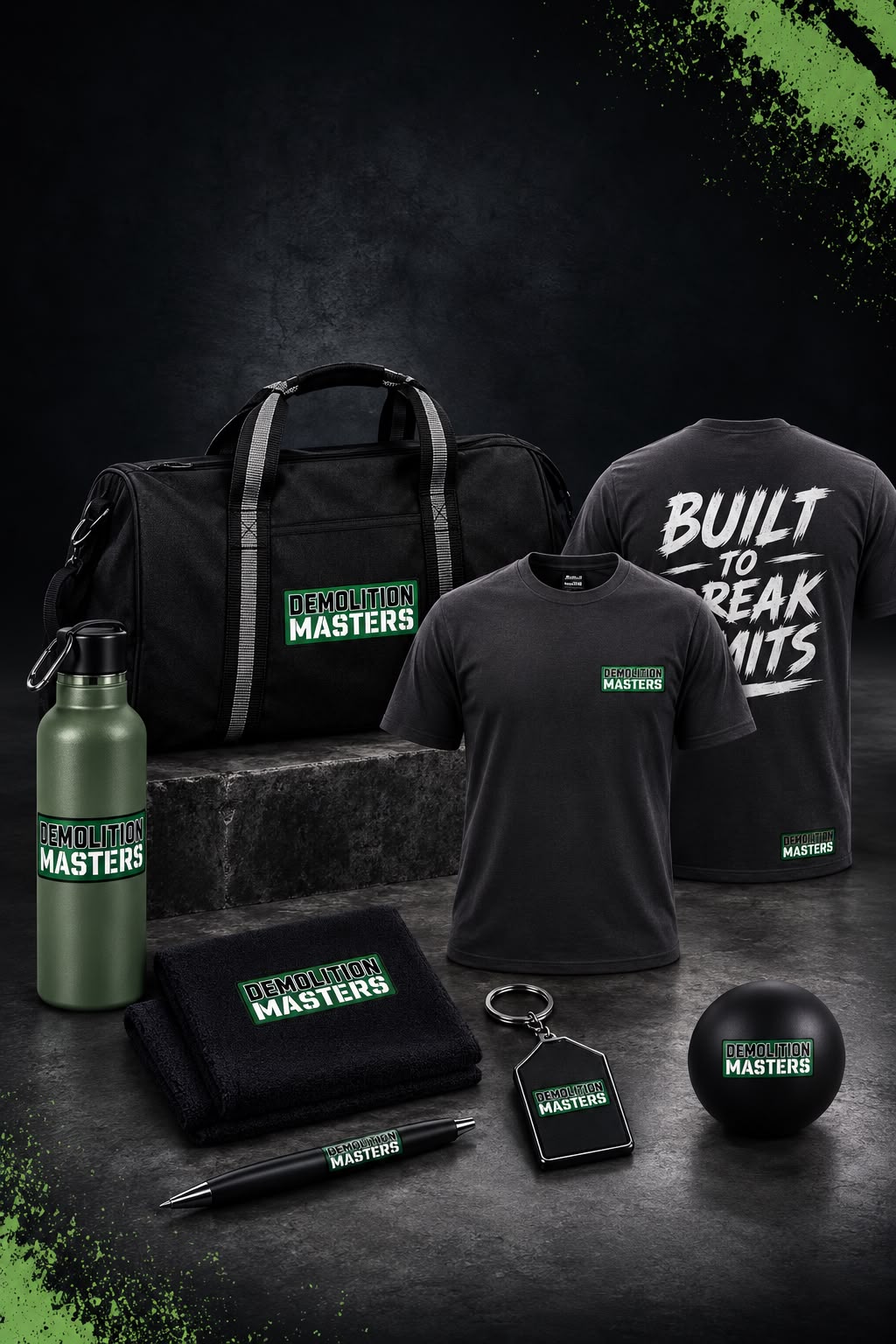The complete Demolition Masters merch bundle laid out on a dark set