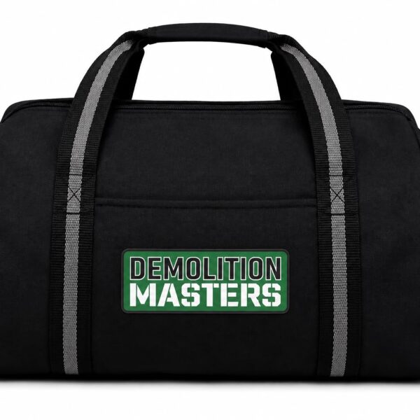 Black Demolition Masters duffle bag with reflective handle straps
